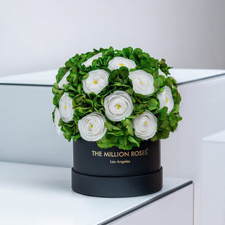 Classic Black Box | White Persian Buttercups & Green Hydrangeas - Hidden Candles