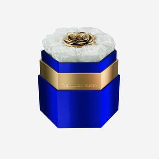 One in a Million™ Mirror Blue Hexagon Box | White & Gold Roses - Hidden Candles