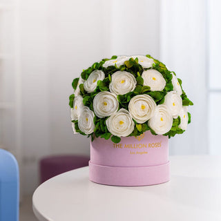 Classic Light Pink Suede Box | White Persian Buttercups & Green Hydrangeas - Hidden Candles