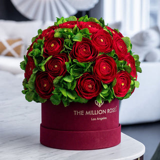 Classic Bordeaux Suede Box | Red Persian Buttercups & Green Hydrangeas - Hidden Candles