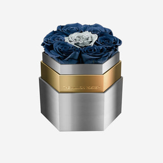 One in a Million™ Mirror Silver Hexagon Box | Smoky Blue & Silver Roses - Hidden Candles
