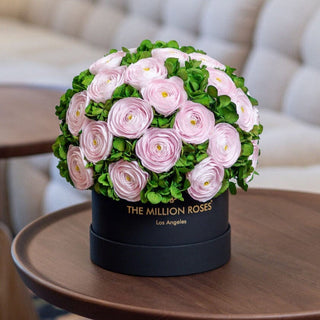Classic Black Box | Light Pink Persian Buttercups & Green Hydrangeas - Hidden Candles