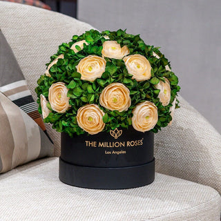 Classic Black Box | Peach Persian Buttercups & Green Hydrangeas - Hidden Candles