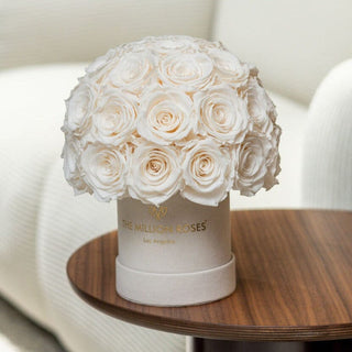 Basic Beige Suede Superdome Box | White Roses - Hidden Candles