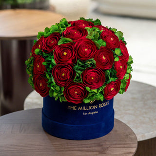 Classic Royal Blue Suede Box | Red Persian Buttercups & Green Hydrangeas - Hidden Candles