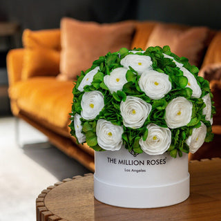 Classic White Box | White Persian Buttercups & Green Hydrangeas - Hidden Candles