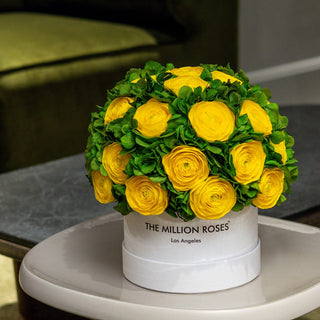 Classic White Box | Yellow Persian Buttercups & Green Hydrangeas - Hidden Candles