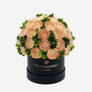 Classic Black Box | Peach Persian Buttercups & Green Hydrangeas - Hidden Candles