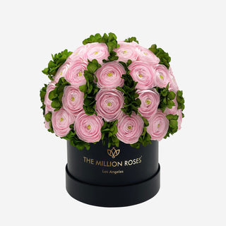 Classic Black Box | Light Pink Persian Buttercups & Green Hydrangeas - Hidden Candles