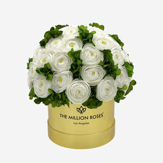 Classic Mirror Gold Box | White Persian Buttercups & Green Hydrangeas - Hidden Candles
