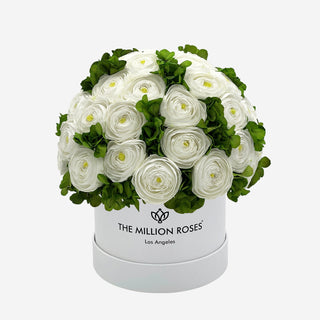 Classic White Box | White Persian Buttercups & Green Hydrangeas - Hidden Candles
