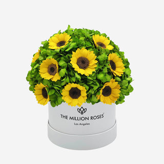 Classic White Box | Green Hydrangeas & Sunflowers - Hidden Candles